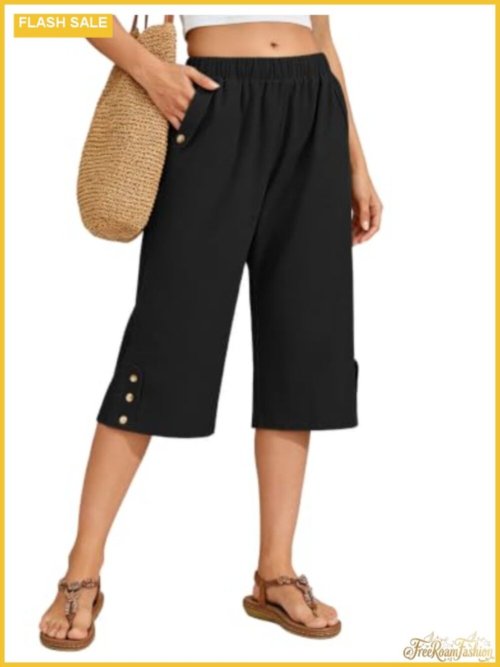 Women Summer Capri Pants Wide Leg Elastic Waist Lightweight Cropped Loose Fit